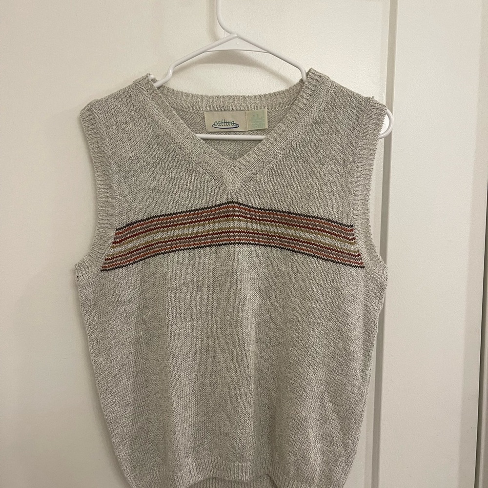 Vintage Cotton Grandpacore Men's Beige Knit Vest with Striped Design